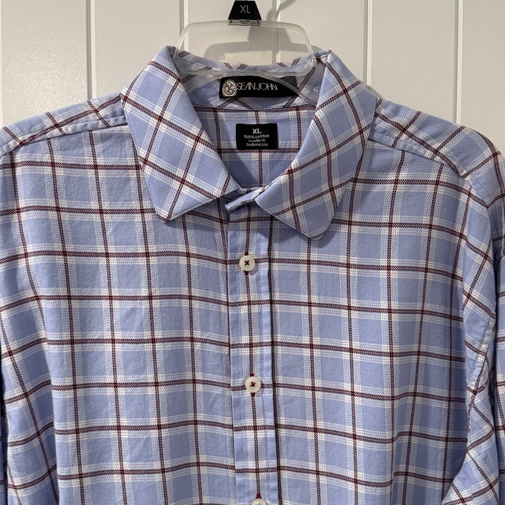 Sean John Light Blue and Brown Plaid Shirt